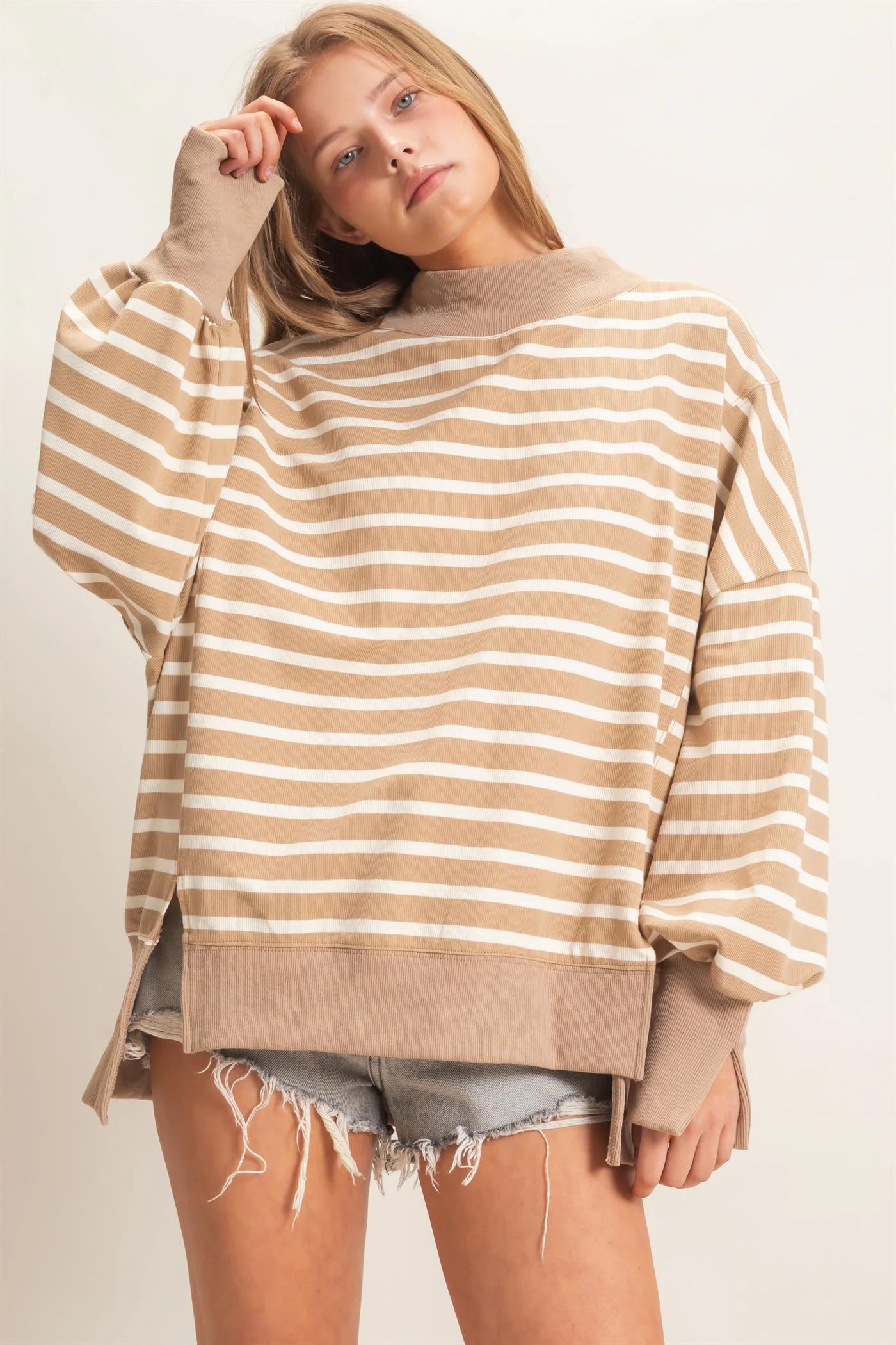 Striped Mock Neck Long Sleeve Sweatshirt