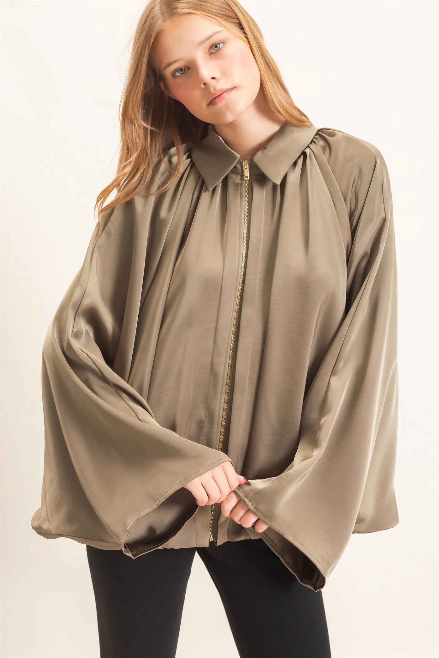 Dark Olive Satin Balloon Jacket