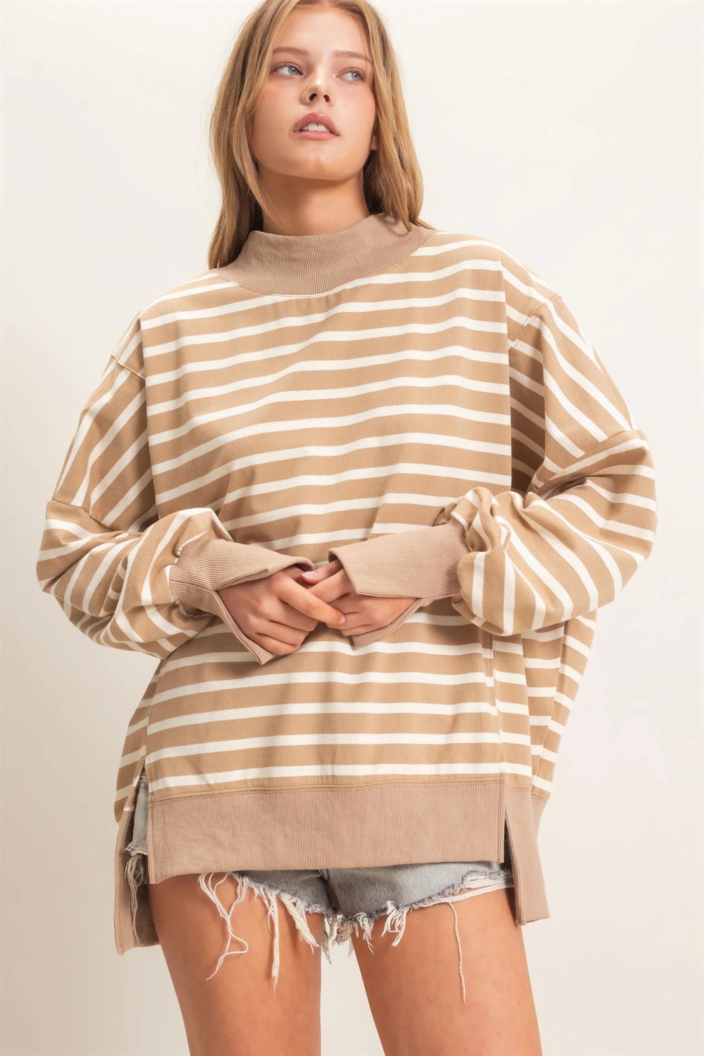 Striped Mock Neck Long Sleeve Sweatshirt