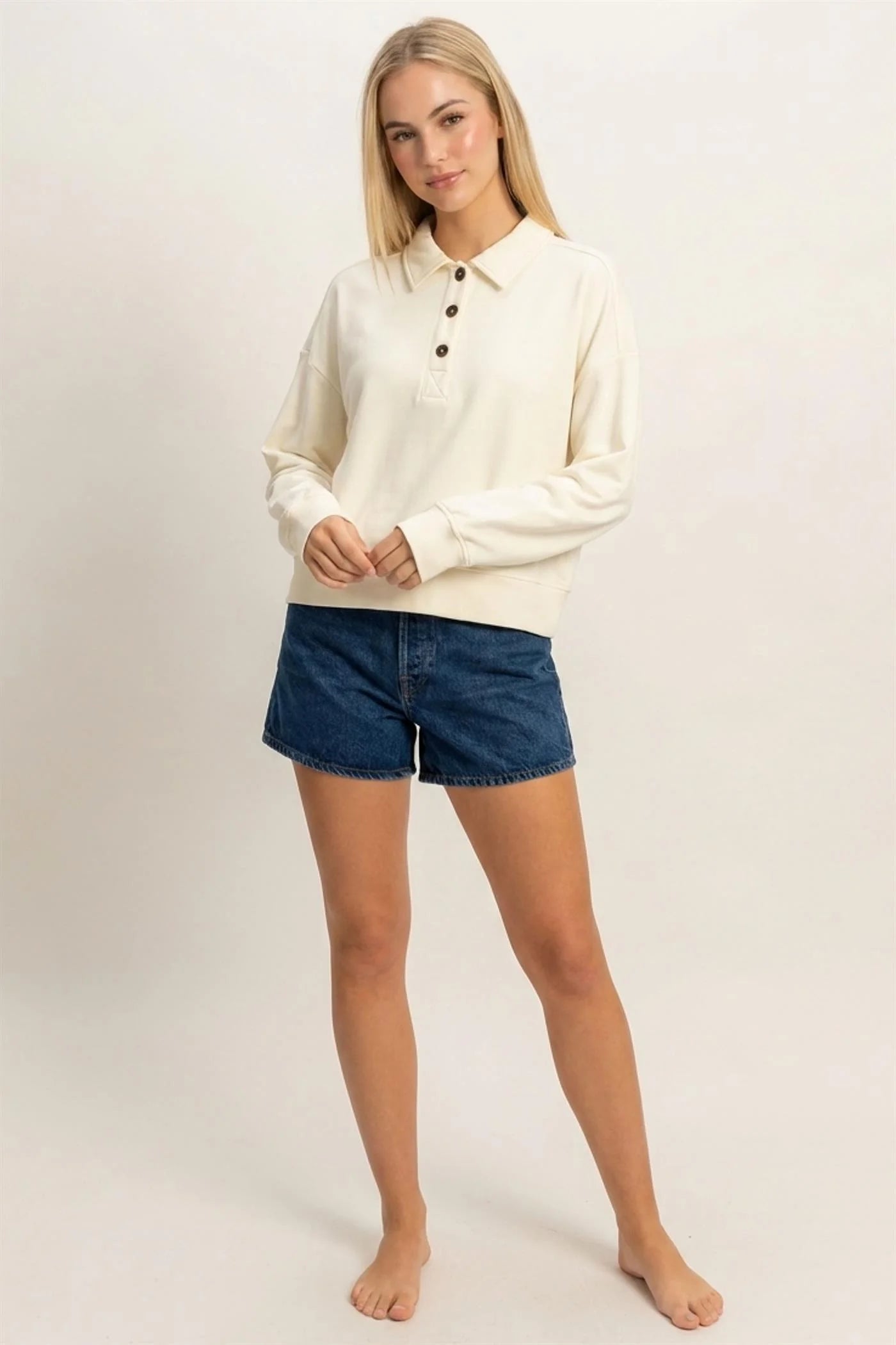 Button Front Sweatshirt Classic Collar Neckline
