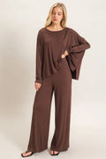 Loose Fitting Boat Neck Draped Long Sleeve Top
