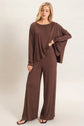 Loose Fitting Boat Neck Draped Long Sleeve Top
