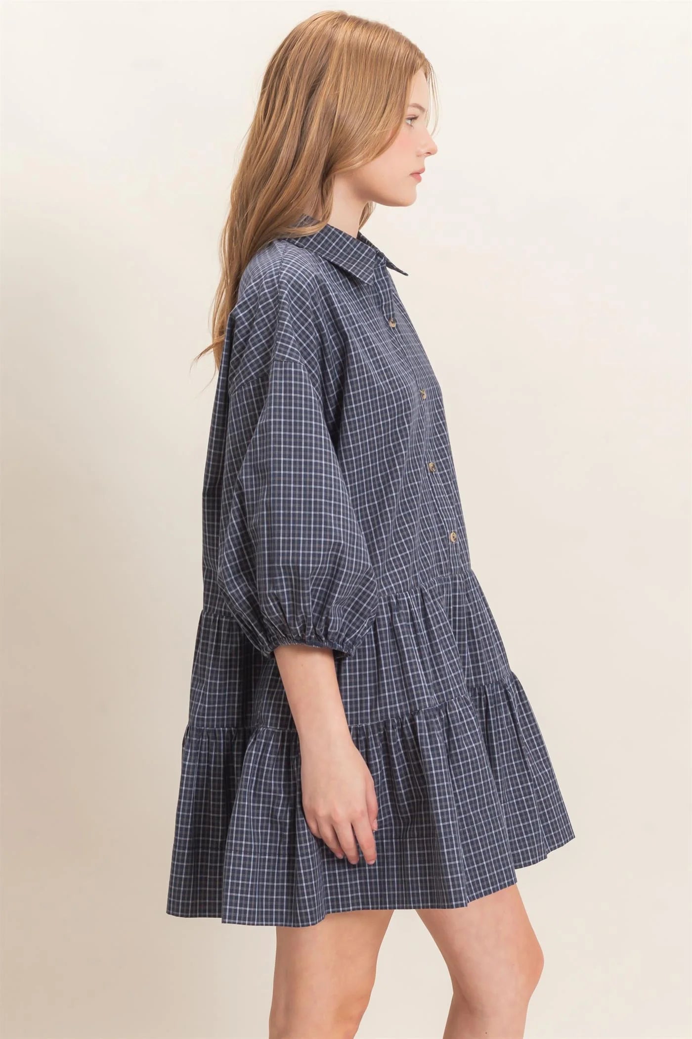 Plaid Button-Down Tiered Dress