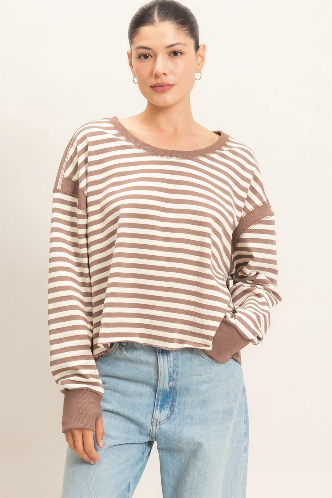 Striped Long Sleeve Open Back Top