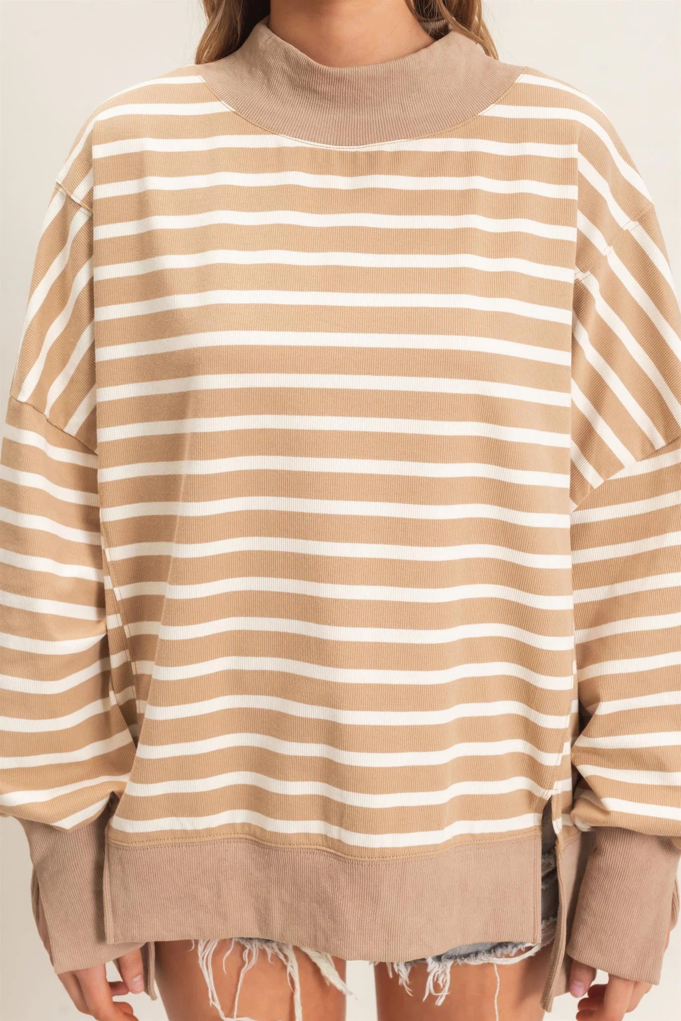 Striped Mock Neck Long Sleeve Sweatshirt