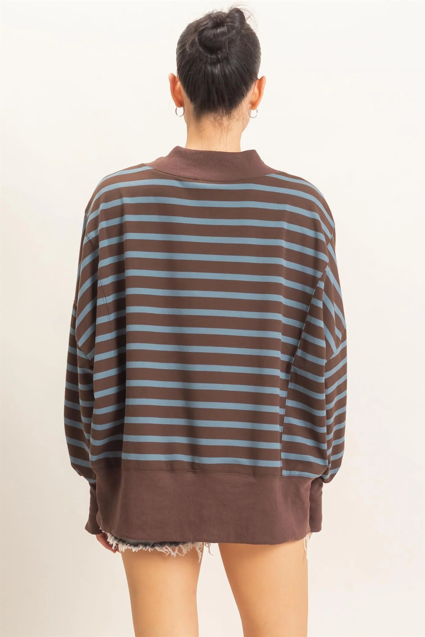 Striped Mock Neck Long Sleeve Sweatshirt