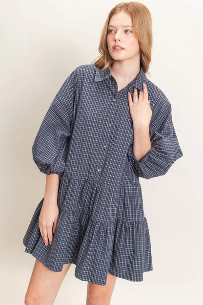 Plaid Button-Down Tiered Dress