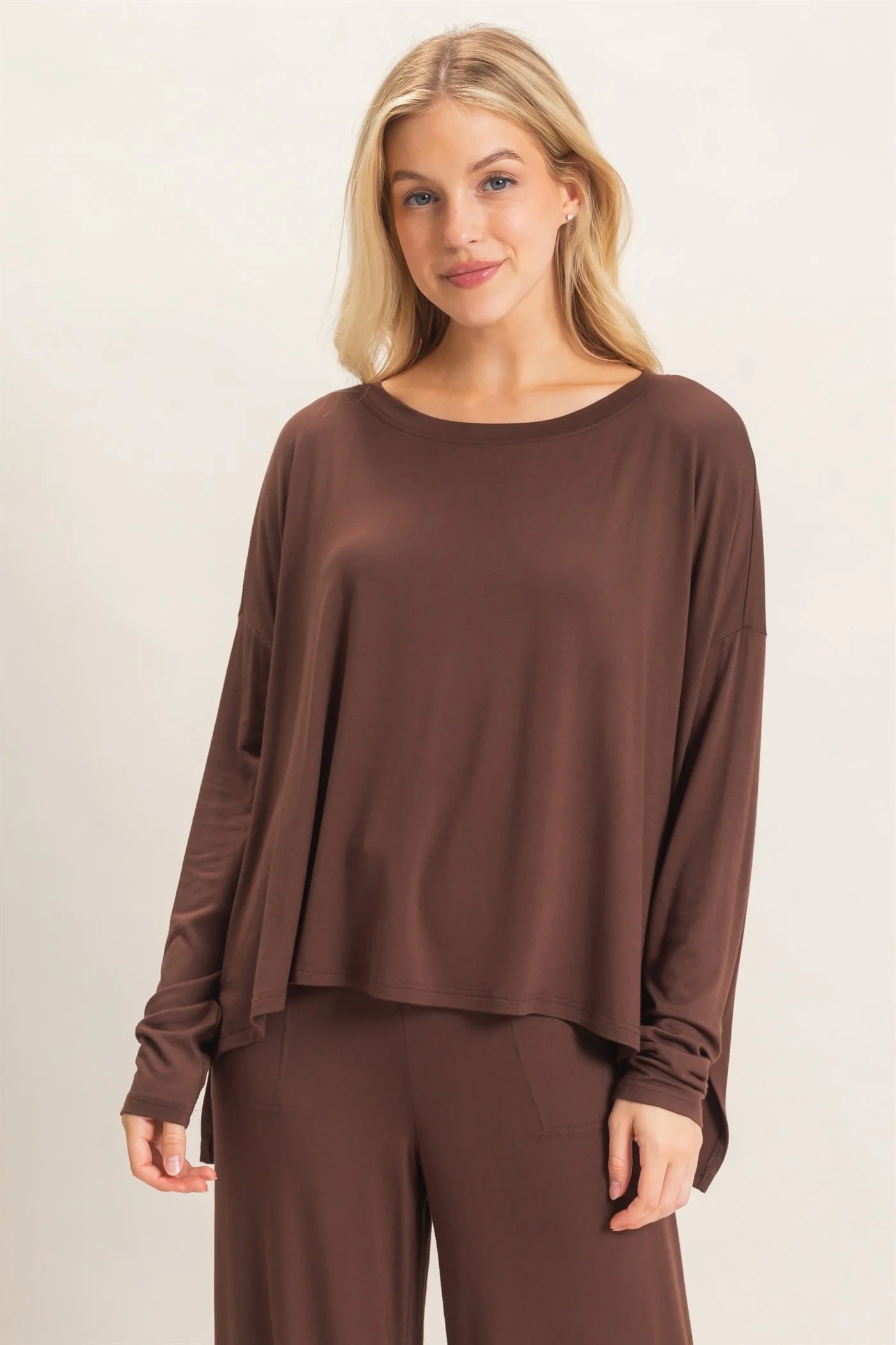 Loose Fitting Boat Neck Draped Long Sleeve Top
