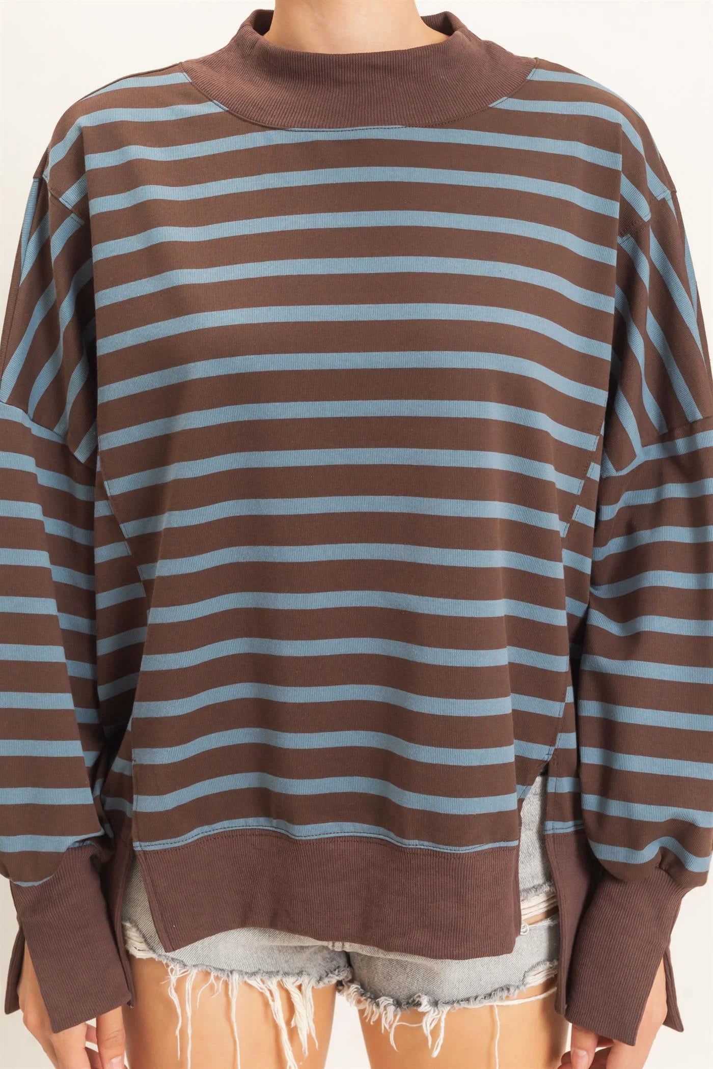 Striped Mock Neck Long Sleeve Sweatshirt