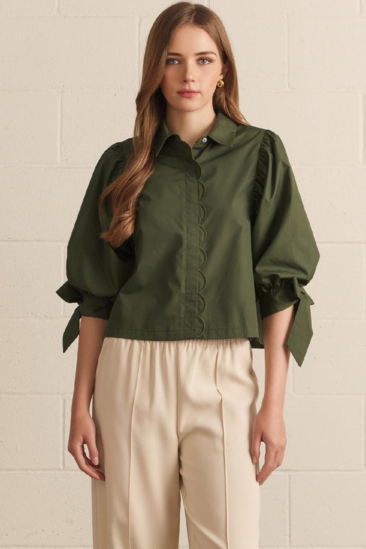 Solid 3/4 Sleeve Top with Scallop Accent