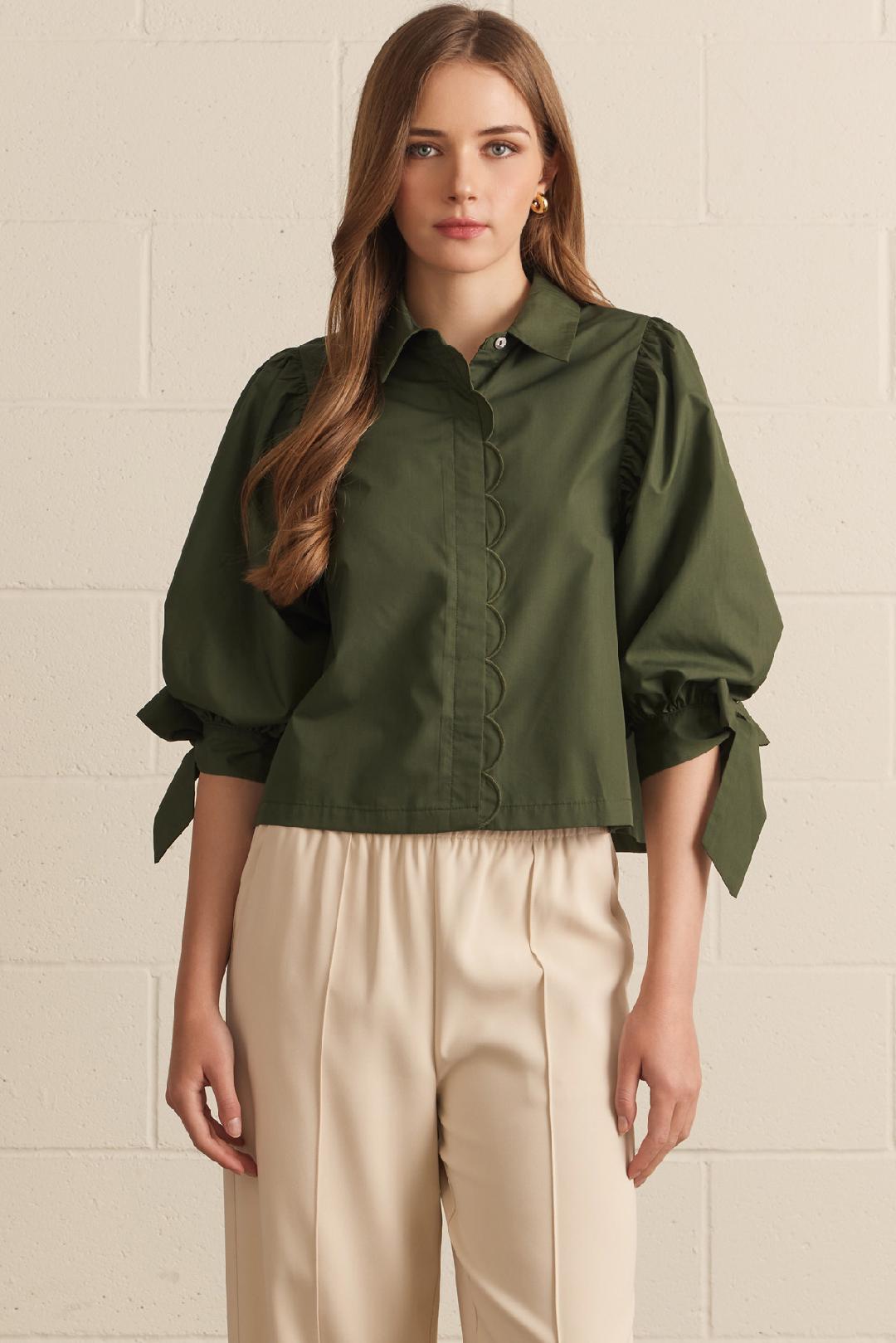 Solid 3/4 Sleeve Top with Scallop Accent