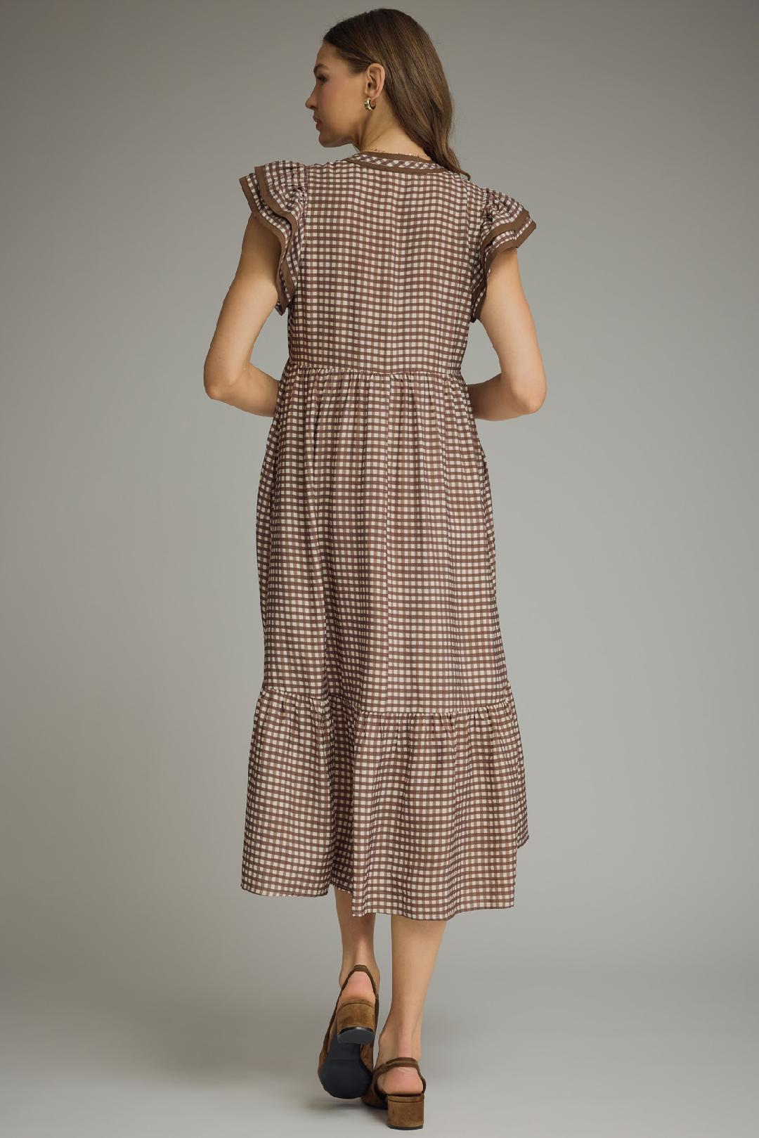 Gingham Flutter Sleeve Midi Dress