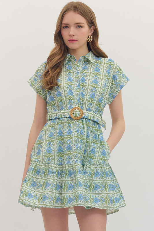 Green & Blue Floral Mini Dress
