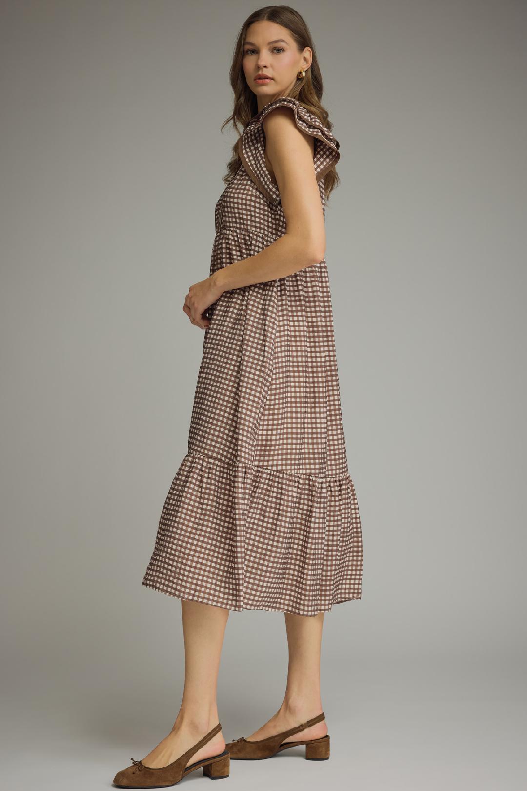 Gingham Flutter Sleeve Midi Dress