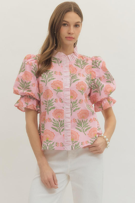 Pink Floral Puff Sleeve Top