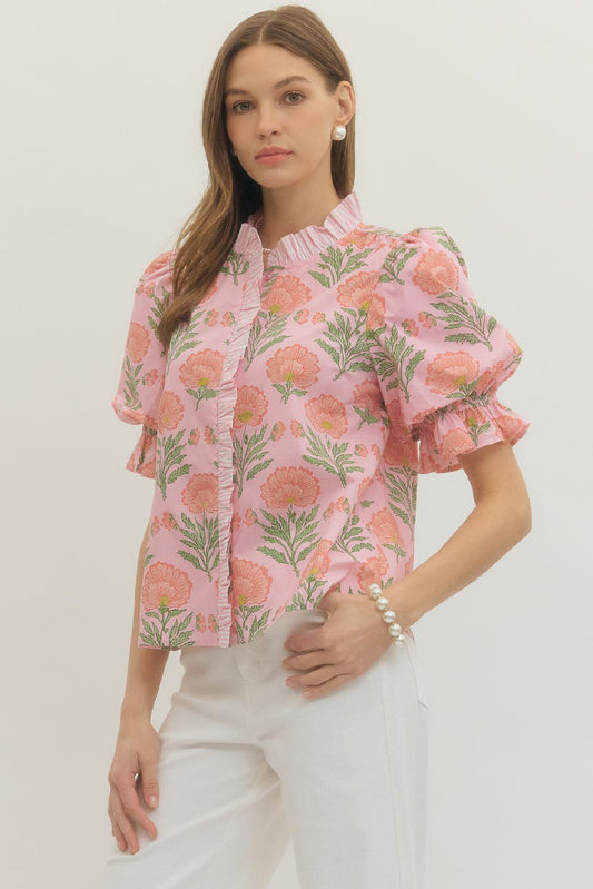 Pink Floral Puff Sleeve Top